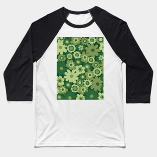 Green 60s retro flower power, retro green, pink, mustard yellow, 60s groovy pattern, hippie flowers Baseball T-Shirt